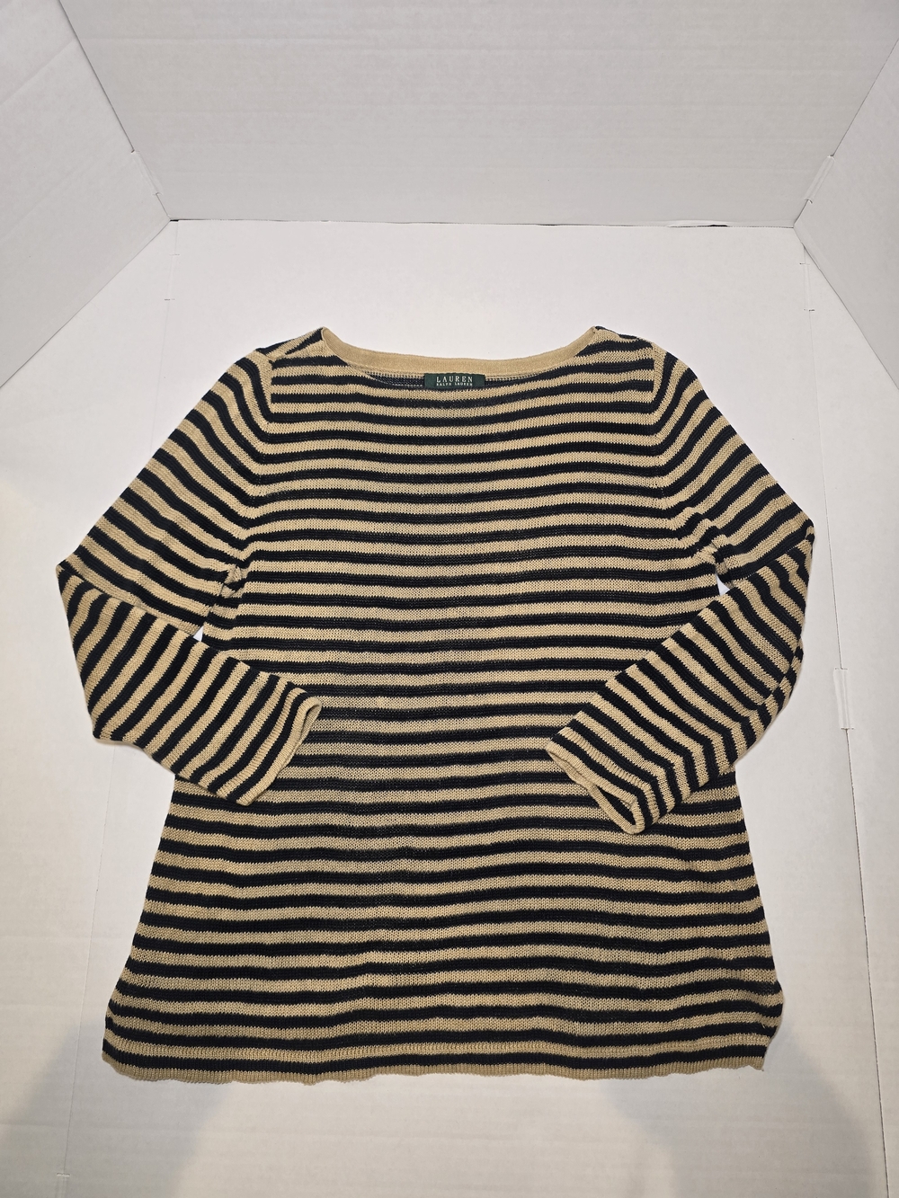 Ralph Lauren Black and Tan Striped Long-Sleeve Knit Top